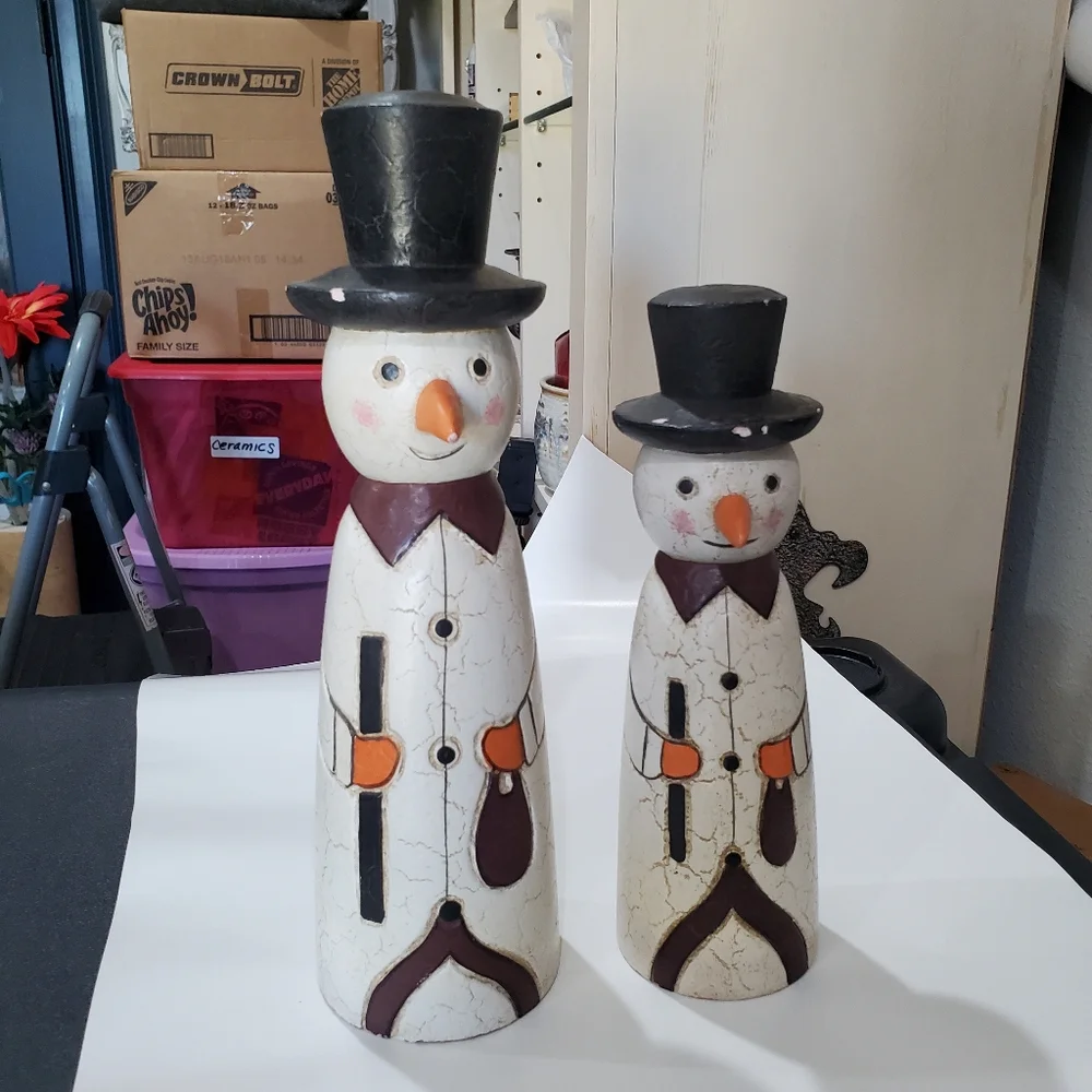 Erzgebirge Style Wood Snowman Pair ⛄️⛄️ Germany Vintage Distressed L👀K